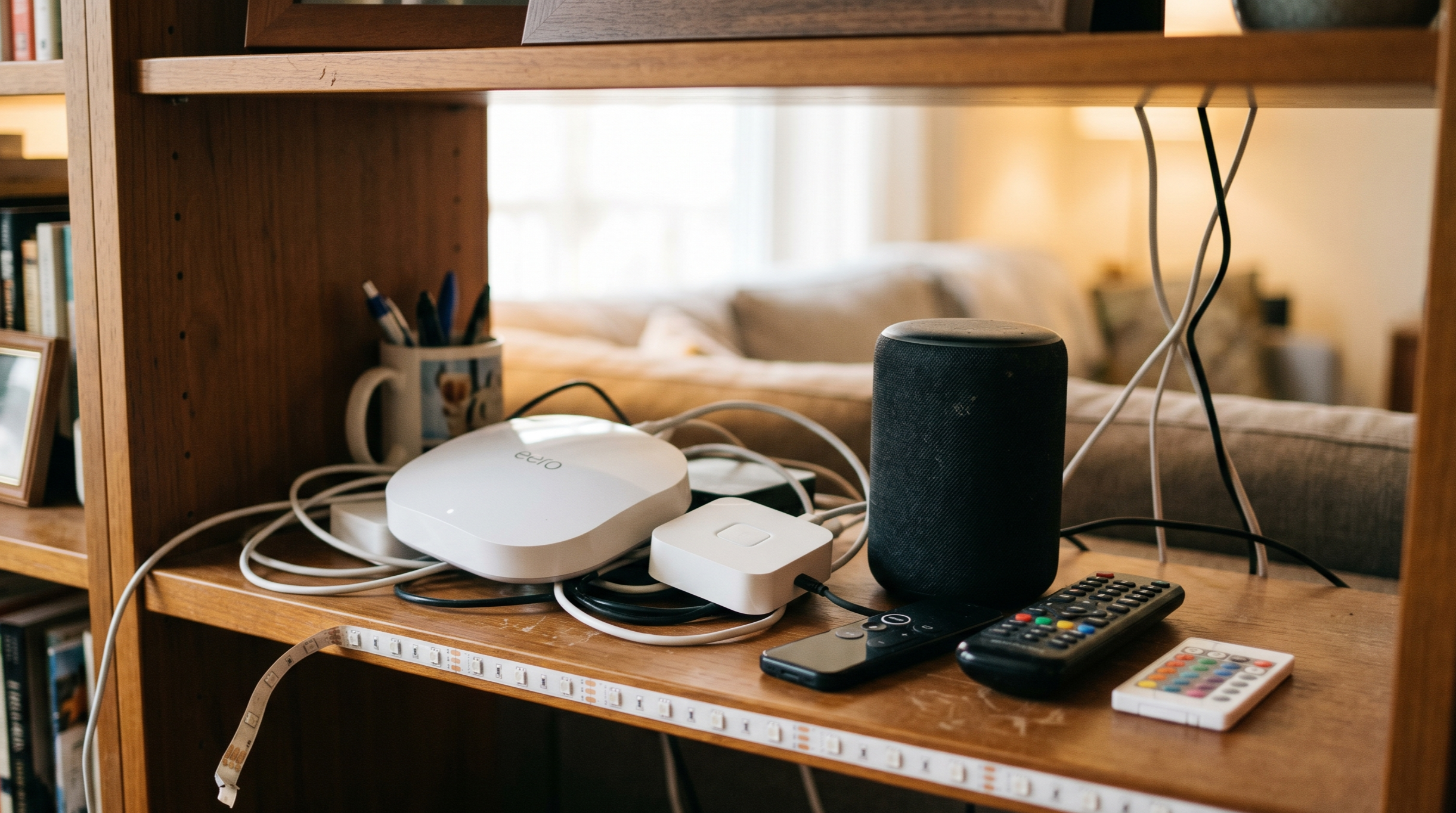 Regal mit verschiedenen Smart-Home-Geräten von verschiedenen Herstellern